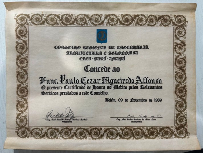 Certificado de Honra ao Mérito — CREA PARÁ 1989